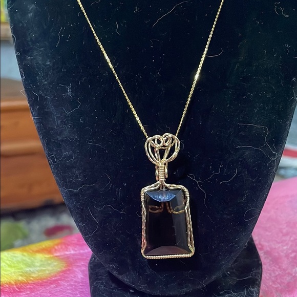 Gold Wire Wrapped brown glass Pendant Necklace - Picture 1 of 5